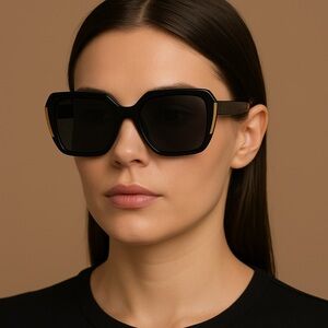 Oversized Square Fashion Sunglasses – Black Frame with Gold Accents & Case
